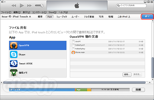 iTunes の App タブの下部にある「ファイル共有」にファイルを入れたところ - iPhone / iPod Touch から OpenVPN 接続する （JB不要）