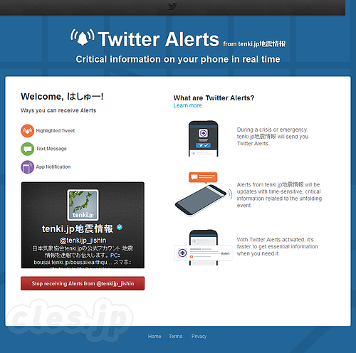 Twitter Alerts 設定画面 - Twitter がアラート配信サービスを開始、プッシュ通知も