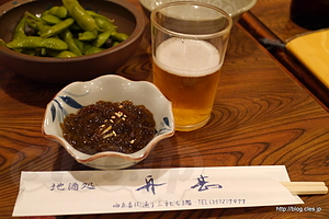 お通し（沖縄産もずくと枝豆） - 三平酒寮 舟甚
