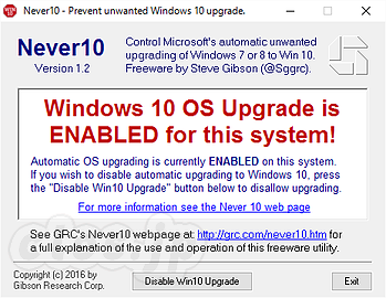 Never 10 - Windows 10 への自動アップグレードを阻止できる Never 10
