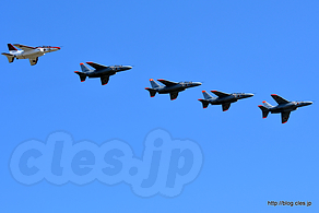 T-4 のエシュロン隊形 - T-4 の飛行展示に赤いドルフィン登場（入間航空祭 2016）