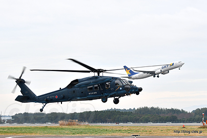 ホバリングする UH-60J（48-4579）と離陸するスカイマーク - 捜索救難展示（百里基地創設５０周年記念航空祭）