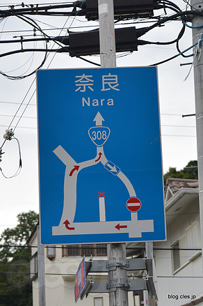 大阪側出口の青看 - 酷道 308 号暗峠越え