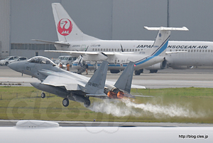 離陸する F-15DJ（02-8071） - 那覇空港の展望デッキから見える空自機