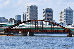全景（ららぽーと豊洲側から） - 豊洲と晴海の間にかかる錆びた橋（東京都港湾局専用線 晴海橋りよう）