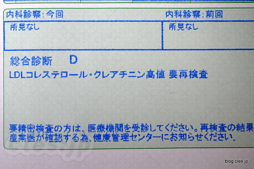 LDLコレステロール、クレアチニン高値 要再検査 - 今年の健康診断は要再検査に
